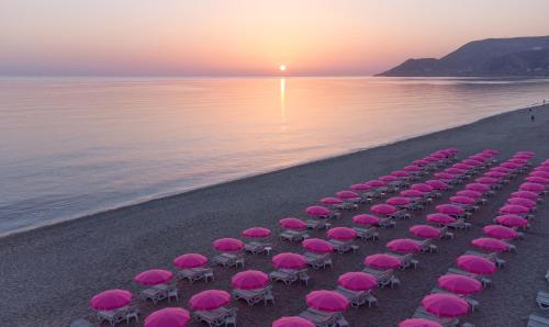 a line of chairs with pink umbrellas on the beach at Alaaddin Beach Hotel - Adult Only in Alanya