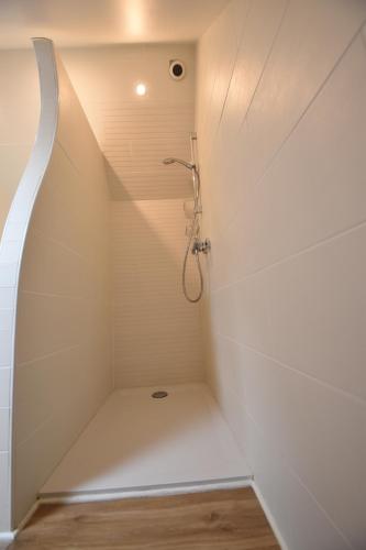 a bathroom with a shower in a white wall at Penty morgat in Crozon