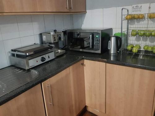a kitchen counter with a toaster and a microwave at Bedfort Accommodation in Cape Town