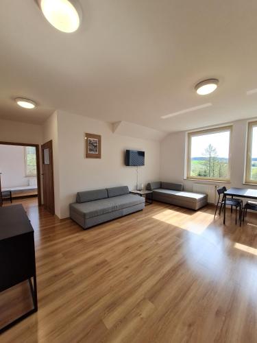 a large living room with a couch and a table at Apartamenty Pod Dachem in Lutowiska