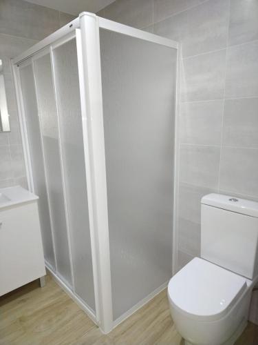 a white bathroom with a toilet and a shower stall at CASTRO Suites Osuna in Osuna
