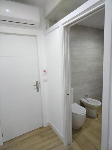 a white bathroom with a toilet and a sink at CASTRO Suites Osuna in Osuna