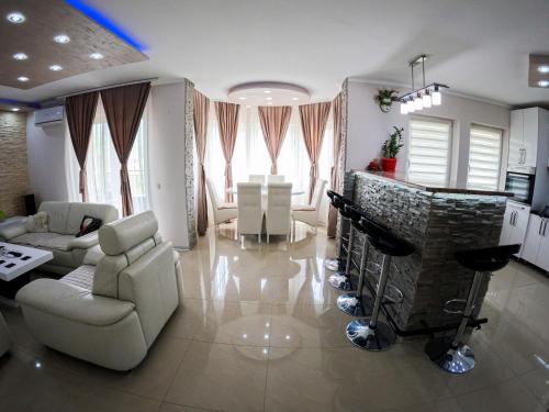 a living room with a couch and a fireplace at Apartmani Đorđević in Soko Banja