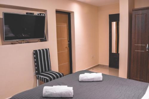 Veintiocho de NoviembreにあるHotel Posada Las Lengasのベッド、テレビ、椅子が備わる客室です。