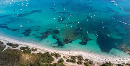 une vue aérienne d'une plage avec des bateaux dans l'eau dans l'établissement Hôtel Spa & Restaurant - Son de Mar, à Porto-Vecchio