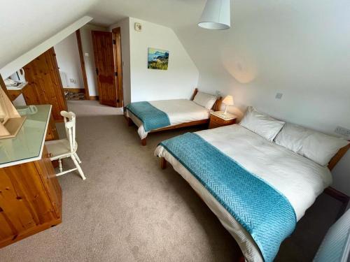 um quarto com uma cama e uma secretária e uma cama sidx sidx em Cedar Lodge Accommodation H91 CF9D em Gort