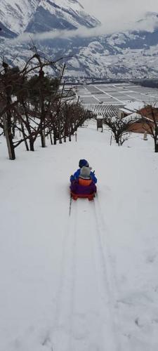 a person in a sled in the snow at Grand appartement 6 personnes, surf, ski et randonnées in Nendaz