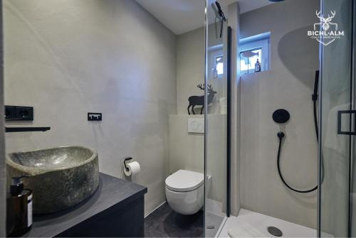 een badkamer met een wastafel, een toilet en een douche bij Chalet Gipfelglück in Oberstaufen