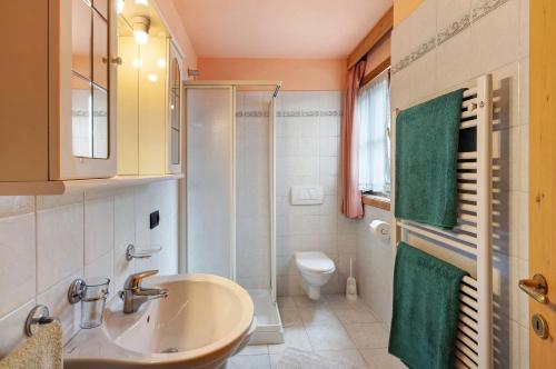 a bathroom with a sink and a shower and a toilet at Orsa Maggiore in Livigno