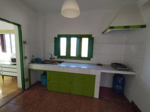 una cucina con armadi verdi e lavandino di Ca´Conchita a San Nicolás