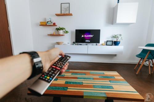 a person holding a remote control in a living room at ZAZA Apartament - central area, with balcony in Târgu Jiu