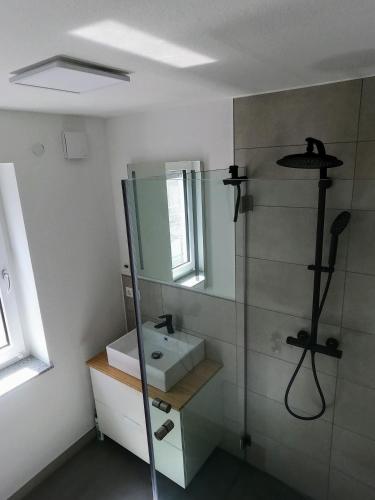 a bathroom with a sink and a shower at großzügiges, helles und modernes Hiloa-Apartment in Hochdorf