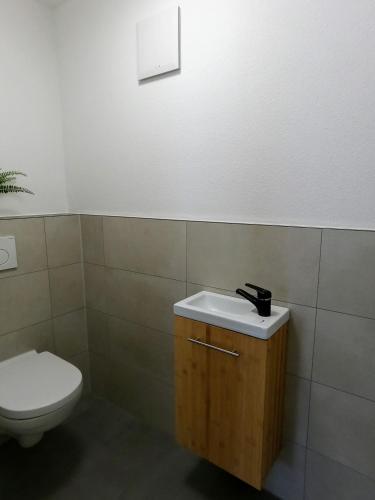 La salle de bains est pourvue d'un lavabo blanc et de toilettes. dans l'établissement großzügiges, helles und modernes Hiloa-Apartment, à Hochdorf