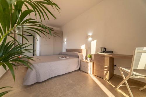 a bedroom with a bed and a desk and a plant at Casa vacanze Le Querce in Castiglione della Pescaia