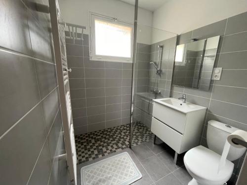 une salle de bain avec toilettes, lavabo et douche dans l'établissement Villa MarieAnne, à Mimizan