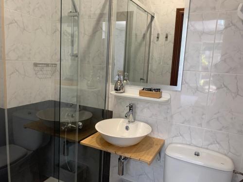 a bathroom with a sink and a shower and a toilet at Pensión Amara in Donostia-San Sebastián