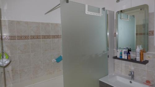 une salle de bain avec une douche, un lavabo et un miroir dans l'établissement Appartement T3 climatisé, Les Bastides de la Plage, Narbonne Plage, à Narbonne-Plage