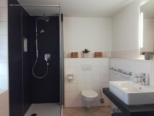 een badkamer met een douche, een toilet en een wastafel bij Lizzi Mountain Apartments in Schwangau