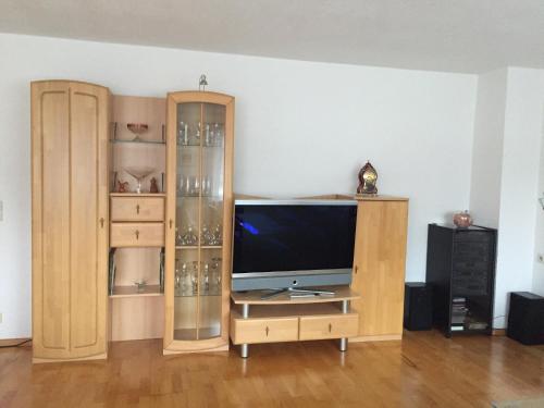 a living room with a tv and a wooden entertainment center at Haus Rehm in Bad Säckingen
