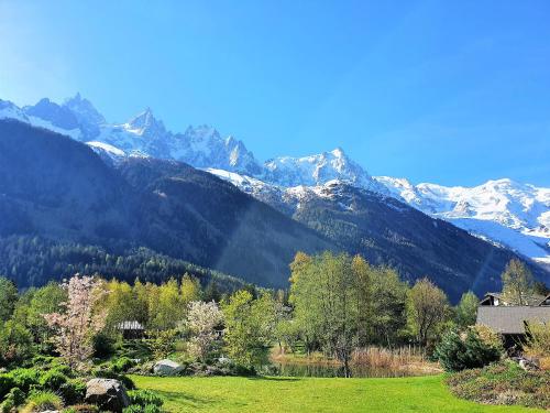 a house in a field with mountains in the background at La Cordee - Charmant Appartement - 4 personnes in Chamonix-Mont-Blanc