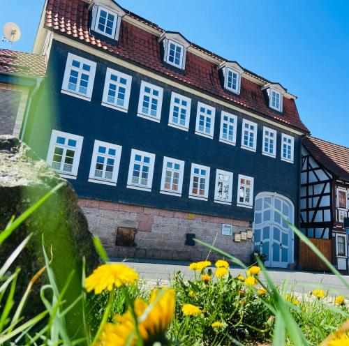 een blauw gebouw met witte ramen en gele bloemen bij Fewo Heinrichser Markt - 2 Schlafzimmer mit Sauna und Terrasse in Suhl