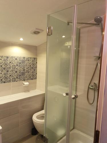 a bathroom with a toilet and a glass shower at Old Town Baska in Baška