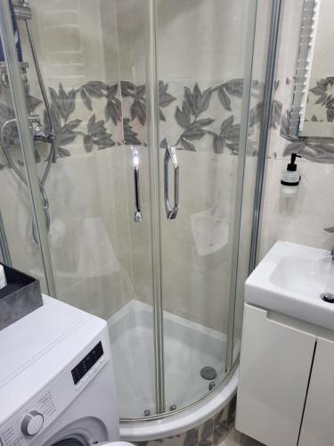 a shower with a glass door next to a sink at Garden z ogródkiem na Waszyngtona in Białystok
