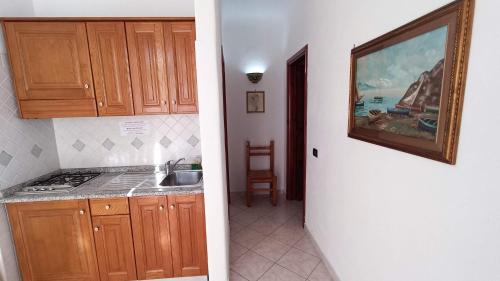 a kitchen with wooden cabinets and a sink next to a door at Residence Villa Cristina in Ischia