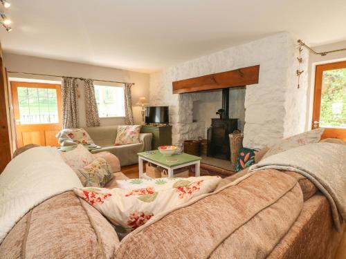 a living room with a couch and a fireplace at Elm Cottage in Oswestry