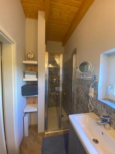 ein Bad mit einer Dusche und einem Waschbecken in der Unterkunft Weinbergshaus mit Blick auf's Wasser in Salzatal