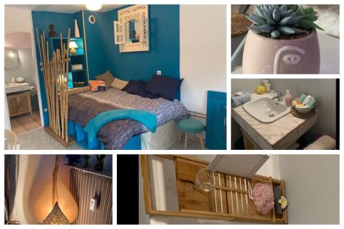 un collage de photos d'une chambre avec un lit et un lavabo dans l'établissement Luxurious Studio in Cannes 450m from sea with Terrace and Air Conditioning and private Parking, à Cannes