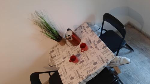 a table with paper and a plant on top of it at Suite 3 pièces chambre+cuisine+SDB centre ville in Privas