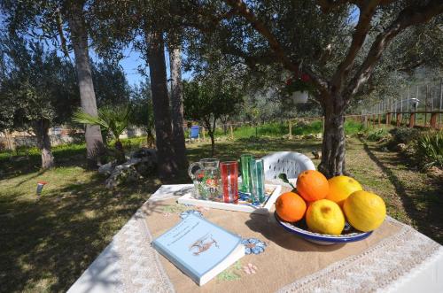 a table with a bowl of fruit on it at Cascina degli Ulivi in Castelluzzo