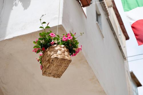 a basket of flowers hanging from the side of a building at Il Riccio Apartment 28 in Procida