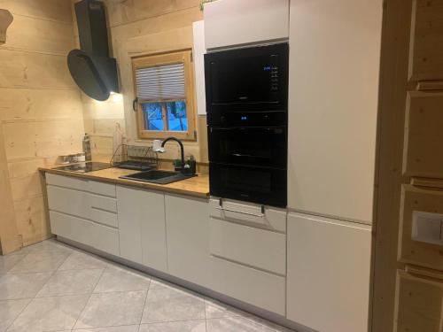 uma cozinha com um micro-ondas preto e um lavatório em Tatra Wolf House em Kościelisko