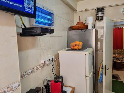 a small kitchen with a refrigerator with pumpkins on it at Bel appartement proche de l'aéroport in Alger
