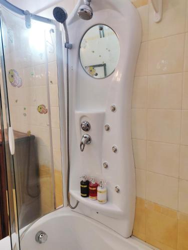 a bath tub with a shower and a mirror at Rainbow house Lingotto Inalpi in Turin