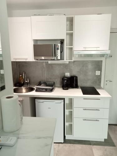 une cuisine blanche avec un évier et un micro-ondes dans l'établissement Le Loft Toulouse Saint Cyprien - Studio Métro 3 mn, à Toulouse