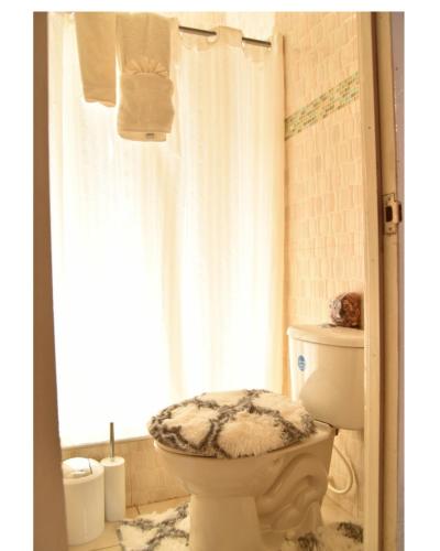 a bathroom with a toilet with a shower curtain at Caribbean estate deluxe 2 in Portmore
