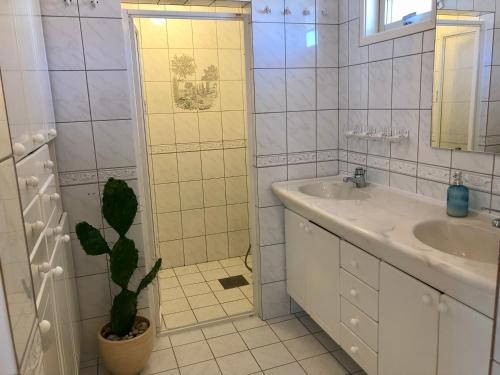 a bathroom with a sink and a potted plant in it at Vacker våning med havsutsikt i Strömstads centrum. in Strömstad