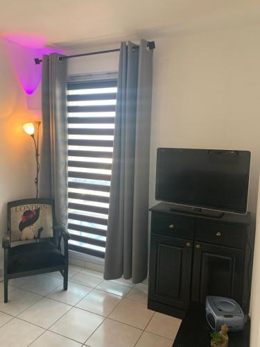 un salon avec une télévision et une chaise dans l'établissement Studio confort port de Frejus, à Fréjus
