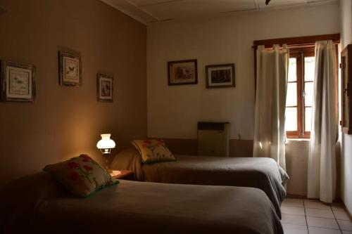 1 dormitorio con 2 camas, ventana y lámpara en Estancia La Angostura, en Las Horquetas