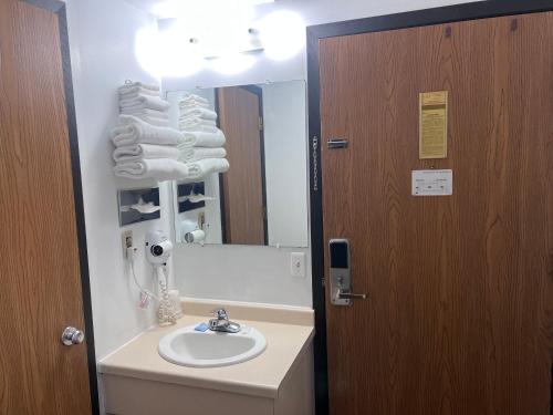 uma casa de banho com um lavatório e um espelho em AmeriVu Inn em Park Falls