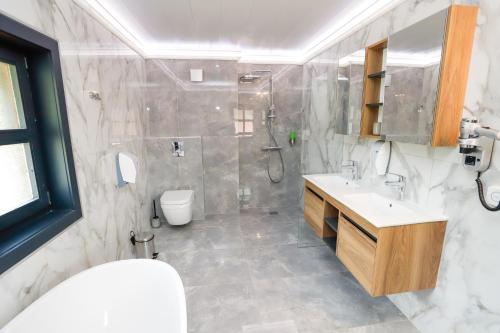 a bathroom with a shower and a sink and a toilet at Glavatarski Han in Glavatartsi