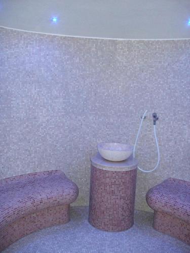 a bathroom with a sink and a shower in a room at Aparthotel Museumshof in Fehmarn