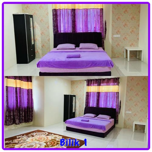 a bedroom with a purple bed with purple curtains at D' Corner Islam Homestay in Kuala Kangsar
