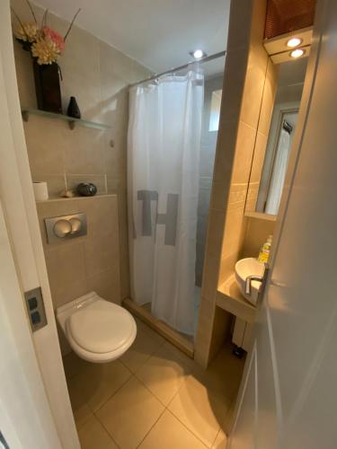 a small bathroom with a toilet and a shower at Green garden in Žarkovo