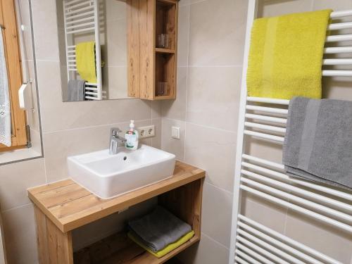 a bathroom with a sink and a mirror at Spatenhof in Fügenberg