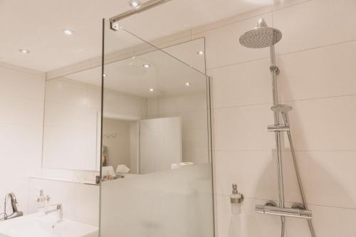 a bathroom with a shower with a glass door at Weingut Gehlen-Cornelius in Brauneberg