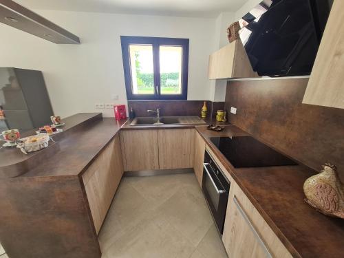 a large kitchen with wooden cabinets and a sink at Mas Des Fugueyrolles in Cavaillon